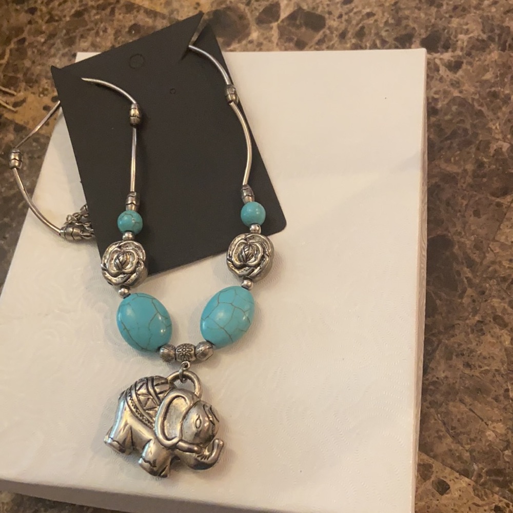 Women’s Elephant With Rose and Rock Silver and Blue Necklace